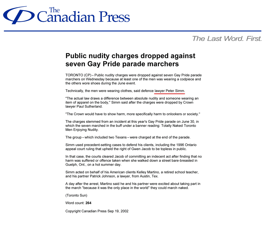 Canadian Press 2002-09-19 - Simm convinces Crown to drop nudity charges against Pride marchers